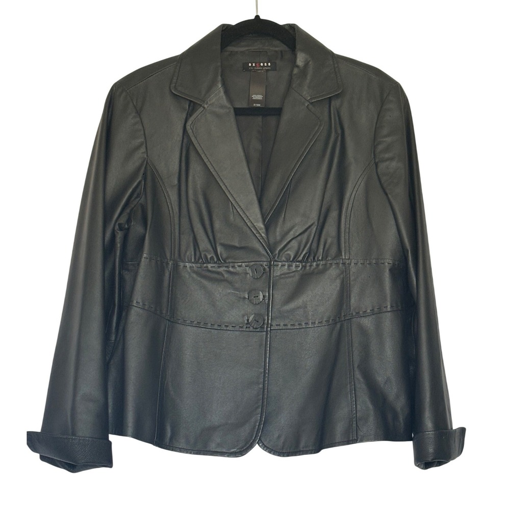 Y2K Liz Claiborne Womens Black‎ Leather Blazer Jacket Size 16 Moto Grunge